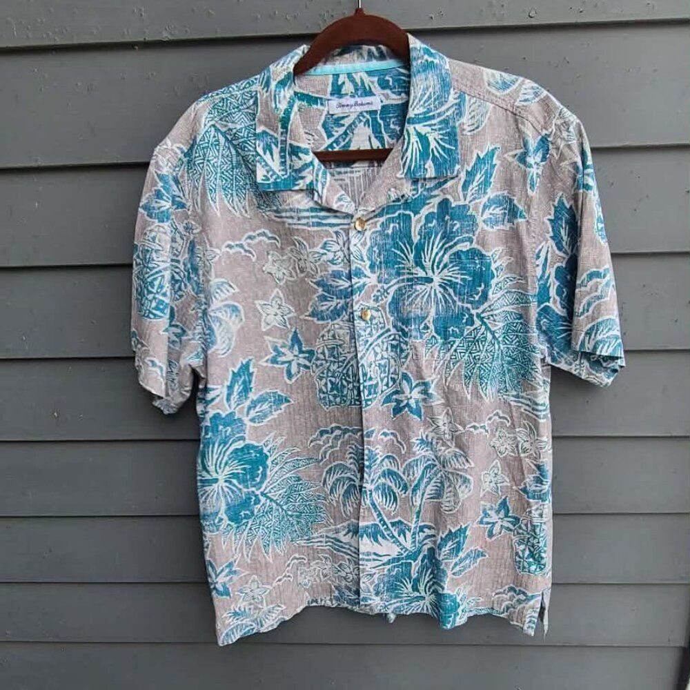 Tommy Bahama Blue Gray Floral Silk Cotton Blend Shirt size Large